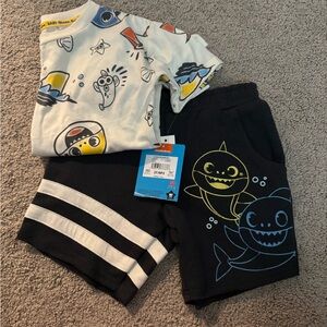 Baby Shark Two-Piece Tee & Shorts Set - Black, White, Yellow, Blue